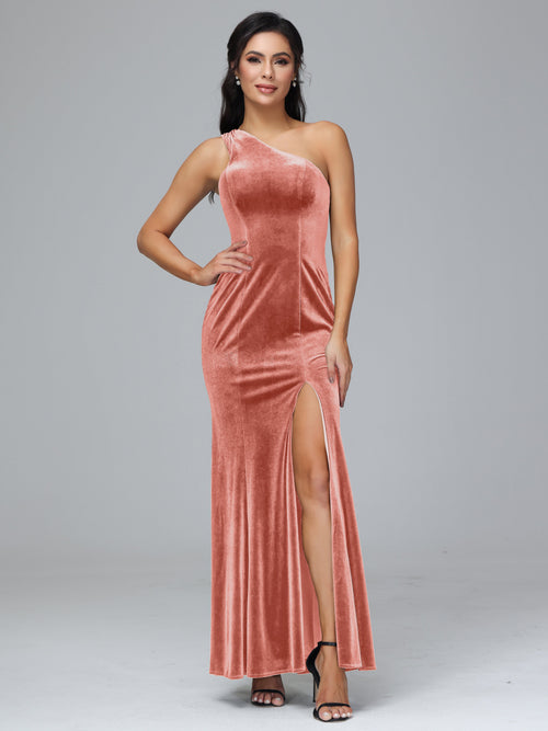 One Shoulder Velvet Bridesmaid Dress With Slit