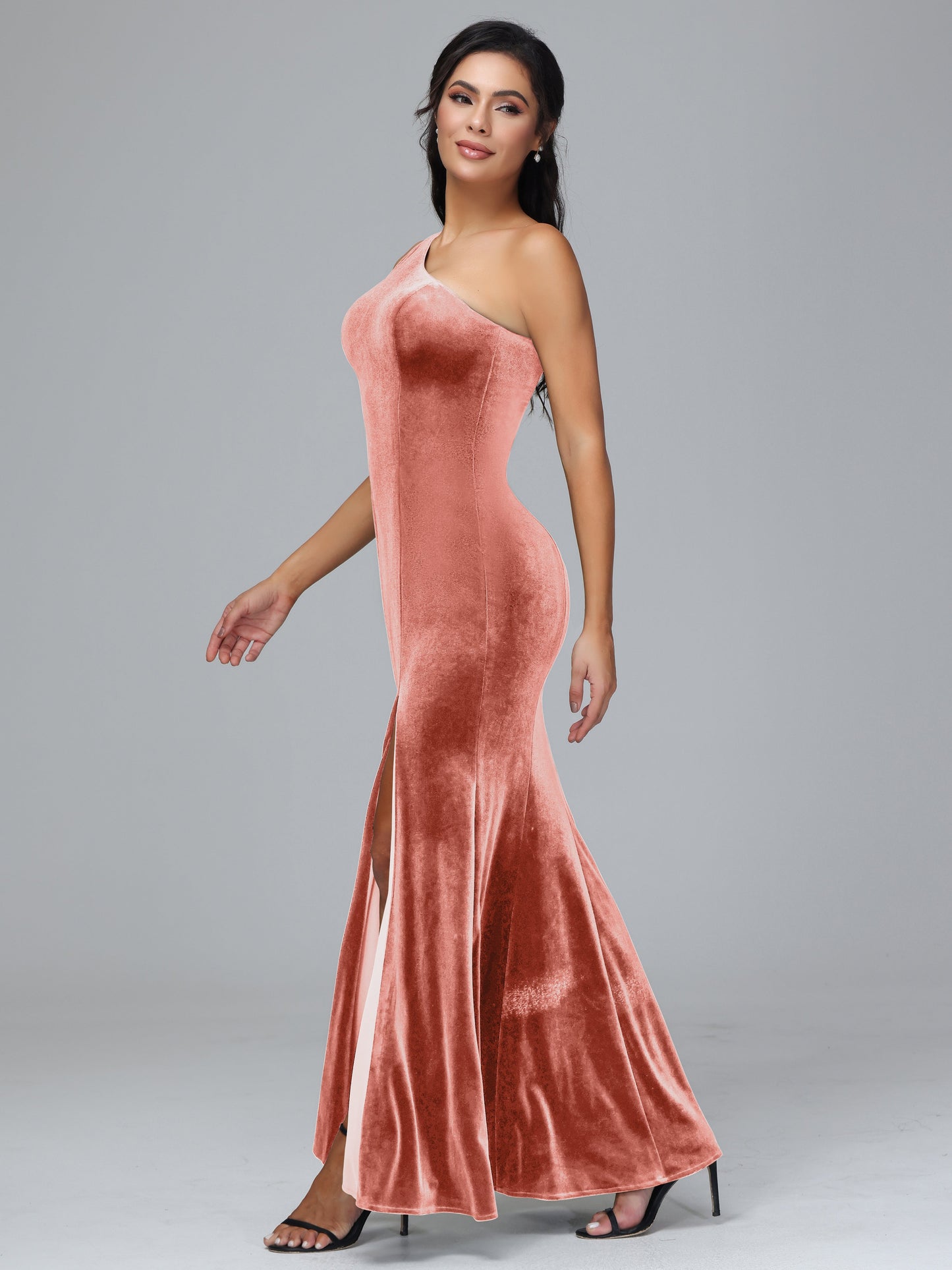 One Shoulder Velvet Bridesmaid Dress With Slit
