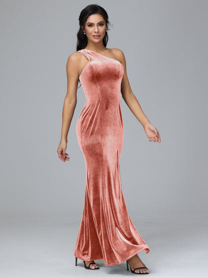 One Shoulder Velvet Bridesmaid Dress With Slit