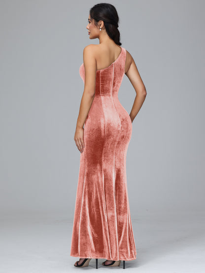 One Shoulder Velvet Bridesmaid Dress With Slit