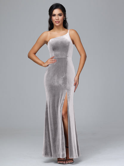 One Shoulder Plus Size Velvet Bridesmaid Dress With Slit