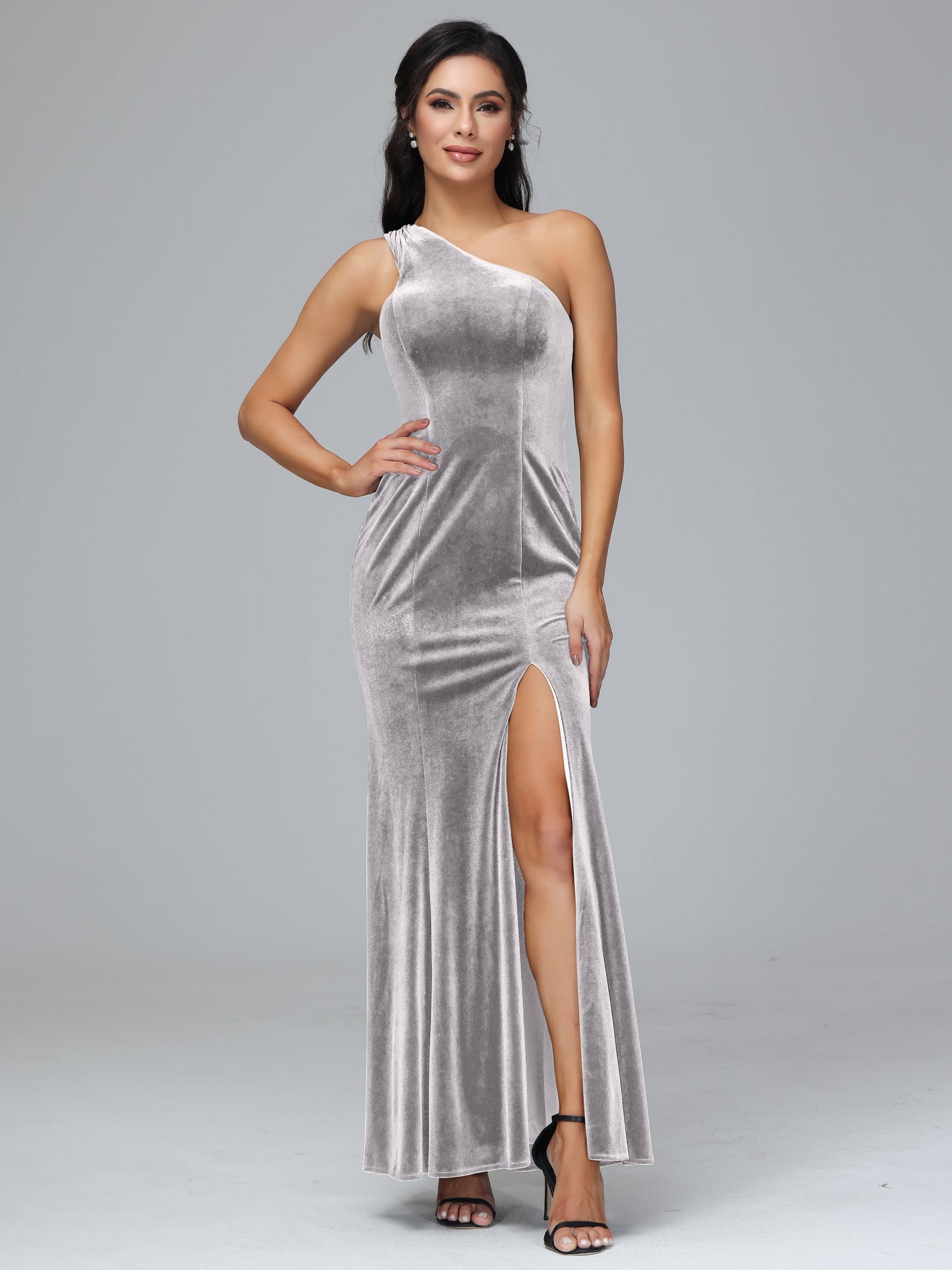 One Shoulder Velvet Bridesmaid Dress With Slit