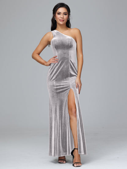 One Shoulder Plus Size Velvet Bridesmaid Dress With Slit