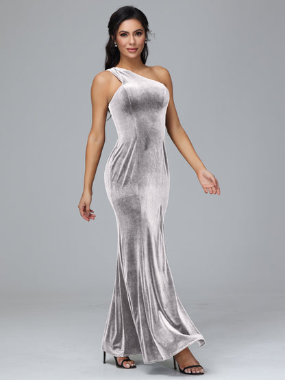 One Shoulder Velvet Bridesmaid Dress With Slit
