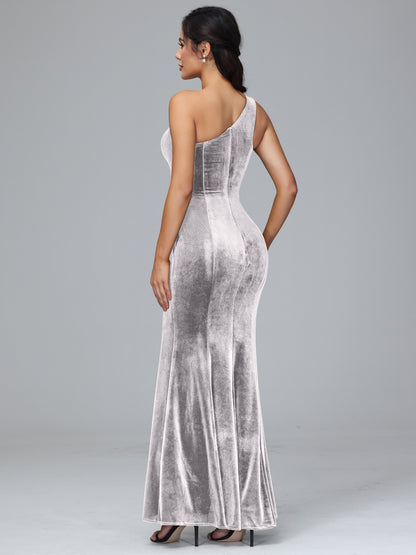 One Shoulder Plus Size Velvet Bridesmaid Dress With Slit