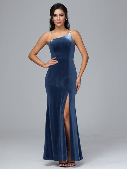 One Shoulder Plus Size Velvet Bridesmaid Dress With Slit