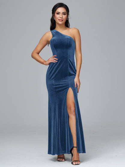 One Shoulder Velvet Bridesmaid Dress With Slit