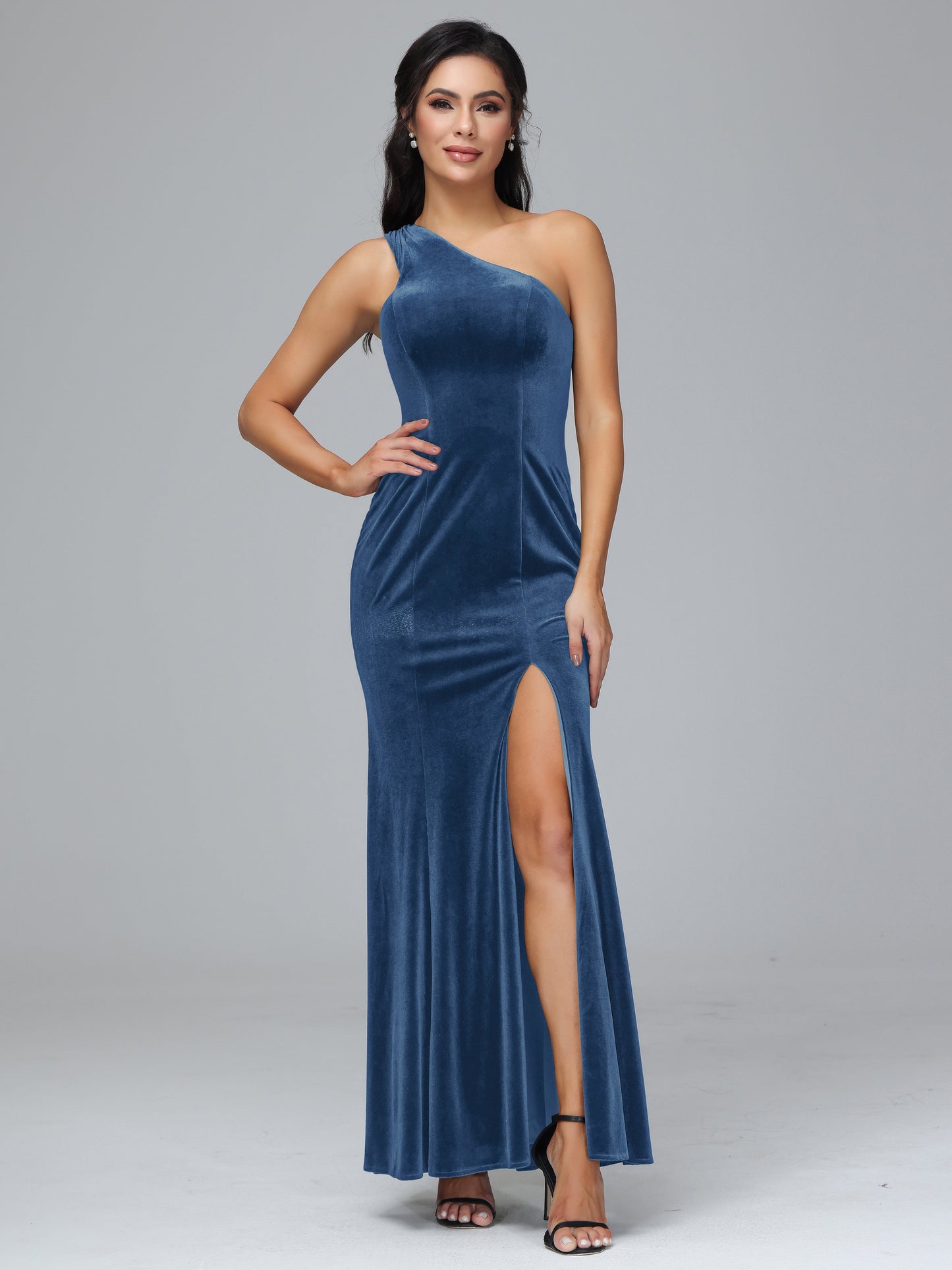 One Shoulder Plus Size Velvet Bridesmaid Dress With Slit