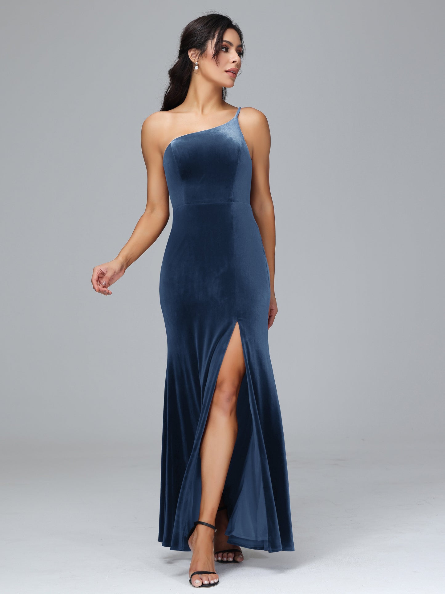 One Shoulder Plus Size Velvet Bridesmaid Dress With Slit