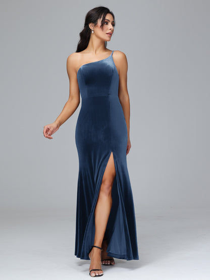 One Shoulder Plus Size Velvet Bridesmaid Dress With Slit