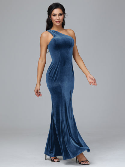 One Shoulder Velvet Bridesmaid Dress With Slit