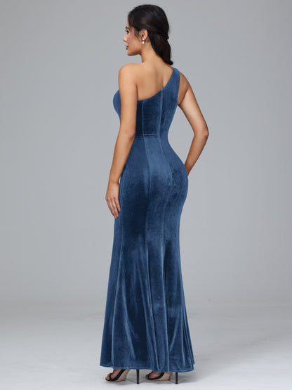 One Shoulder Velvet Bridesmaid Dress With Slit
