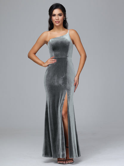 One Shoulder Plus Size Velvet Bridesmaid Dress With Slit