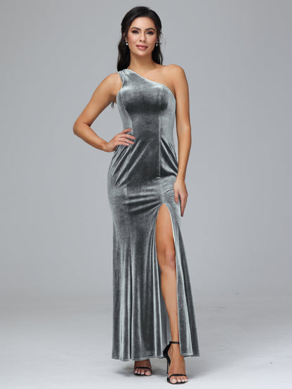 One Shoulder Velvet Bridesmaid Dress With Slit