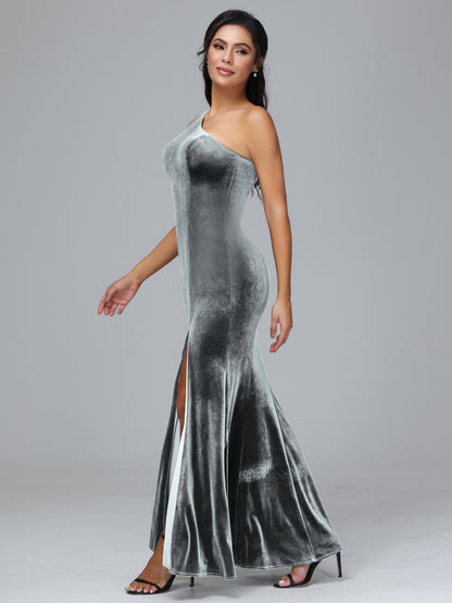 One Shoulder Velvet Bridesmaid Dress With Slit