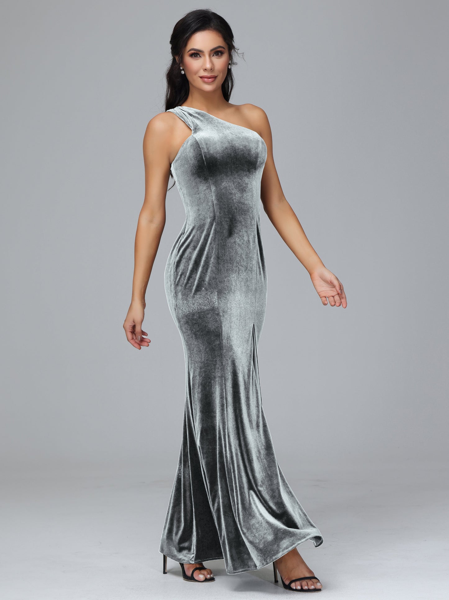 One Shoulder Velvet Bridesmaid Dress With Slit