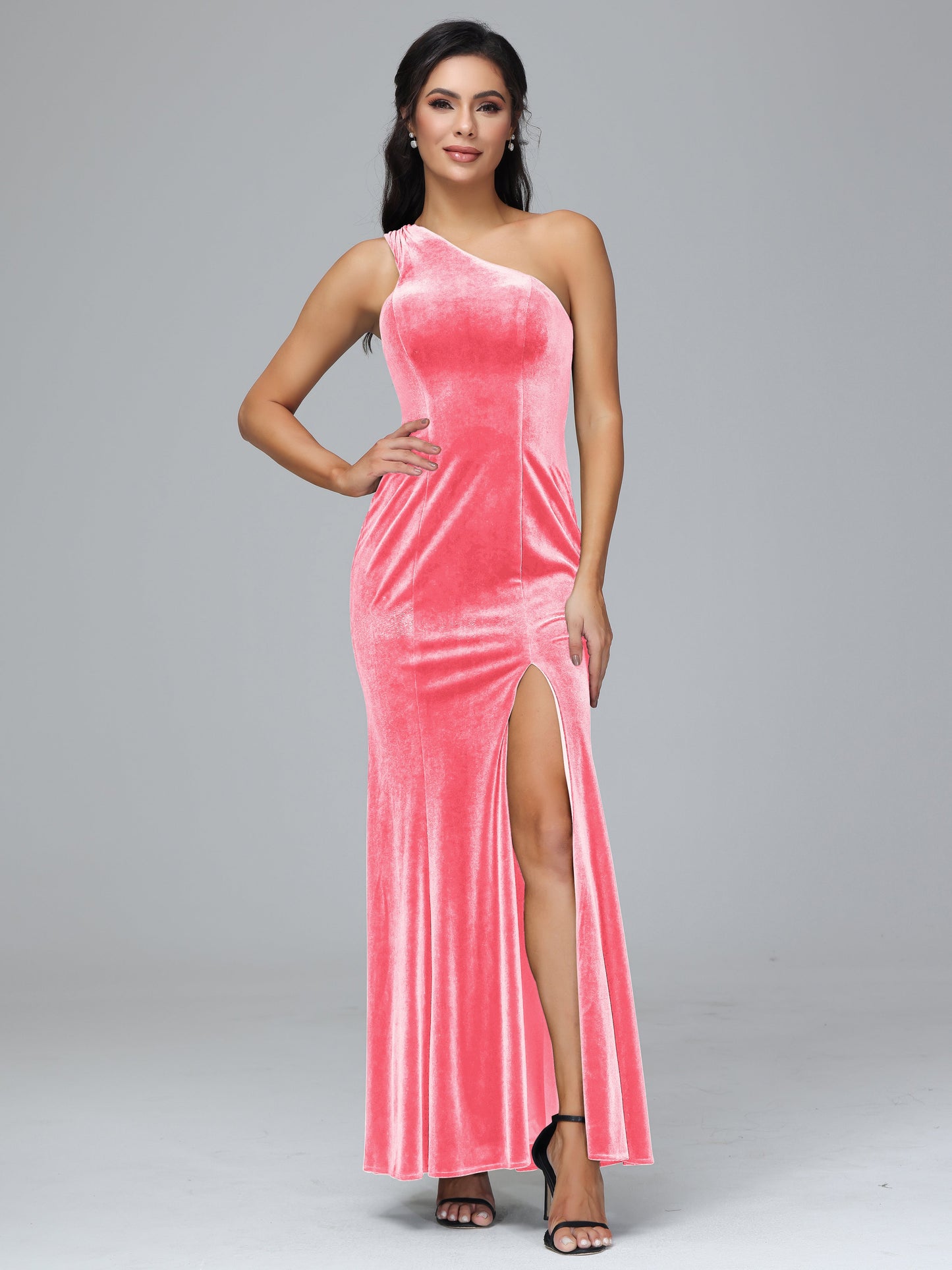 One Shoulder Velvet Bridesmaid Dress With Slit