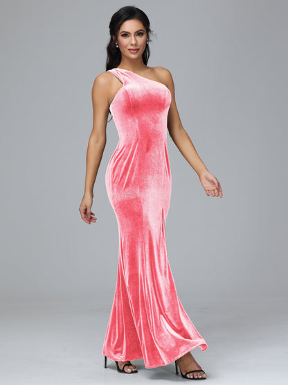 One Shoulder Velvet Bridesmaid Dress With Slit