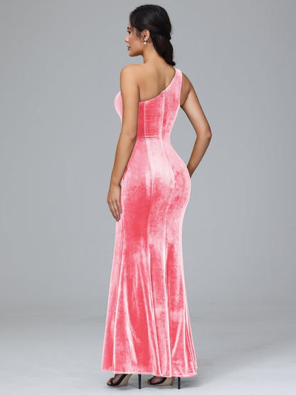 One Shoulder Velvet Bridesmaid Dress With Slit