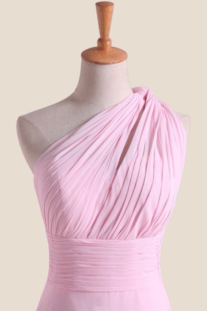 Pleated One Shoulder Pink Chiffon Long Bridesmaid Dress