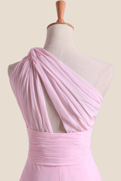 Pleated One Shoulder Pink Chiffon Long Bridesmaid Dress