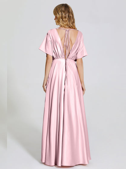 Georgia Open Back Soft Satin Bridesmaid Dress With Sleeves