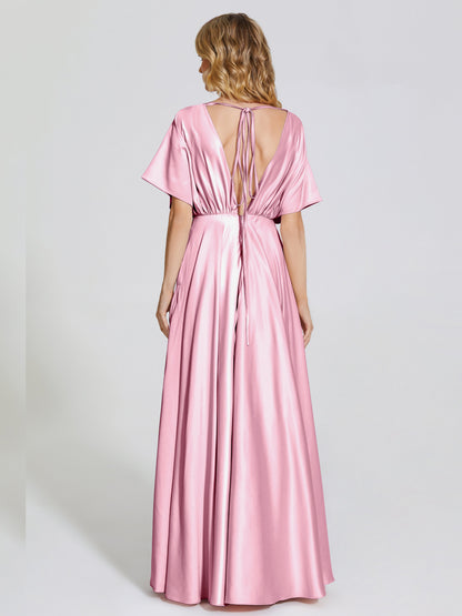 Georgia Open Back Soft Satin Bridesmaid Dress With Sleeves
