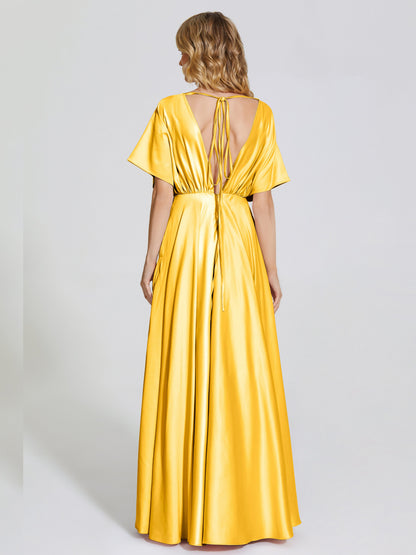 Georgia Open Back Soft Satin Bridesmaid Dress With Sleeves