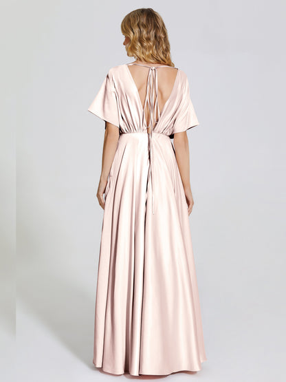 Georgia Open Back Soft Satin Bridesmaid Dress With Sleeves