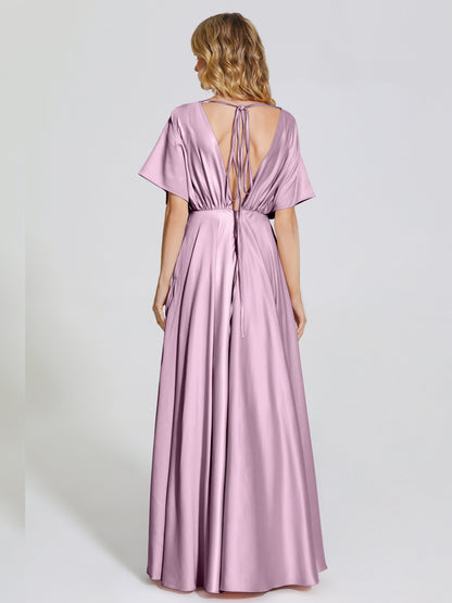 Georgia Open Back Soft Satin Bridesmaid Dress With Sleeves