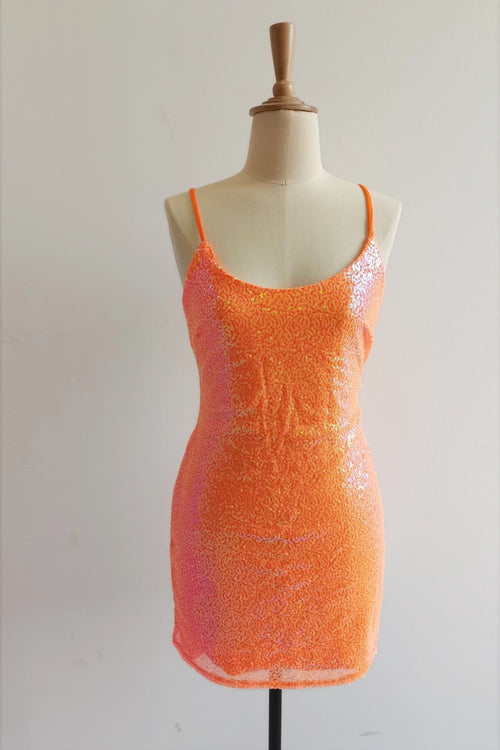 Straps Orange Sequin Tight Mini Dress