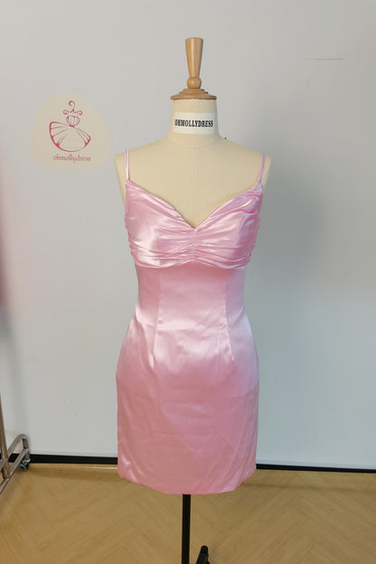 Straps Yellow Ruched Satin Bodycon Short Dress