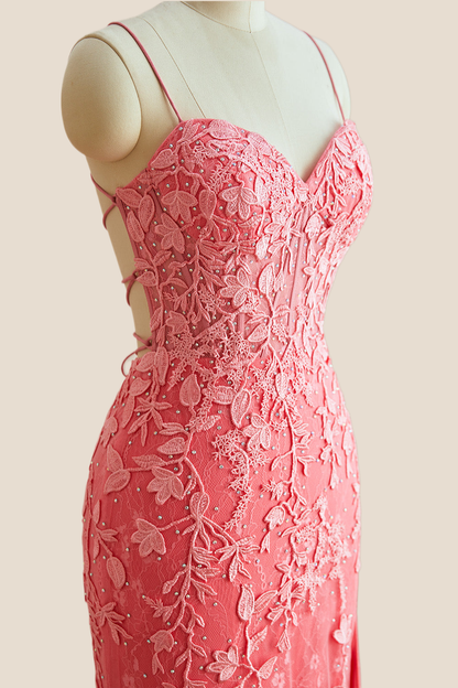 Straps Pink Lace Mermaid Long Formal Dress
