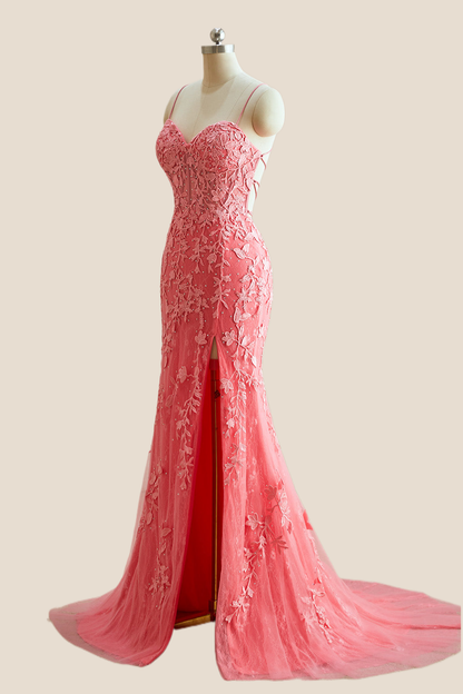 Straps Pink Lace Mermaid Long Formal Dress