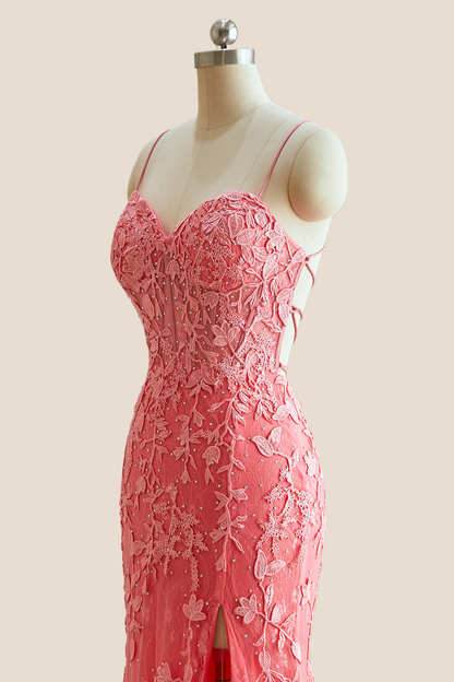 Straps Pink Lace Mermaid Long Formal Dress
