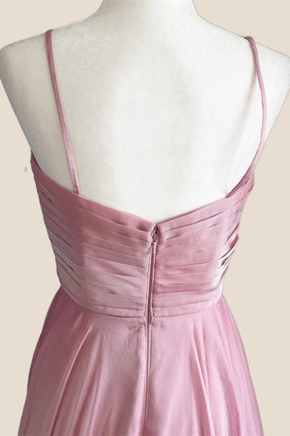 Pleated Pink V Neck Satin Long Party Dress