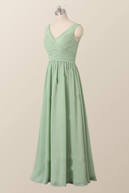 Pleated V Neck Mint Green Chiffon Bridesmaid Dress