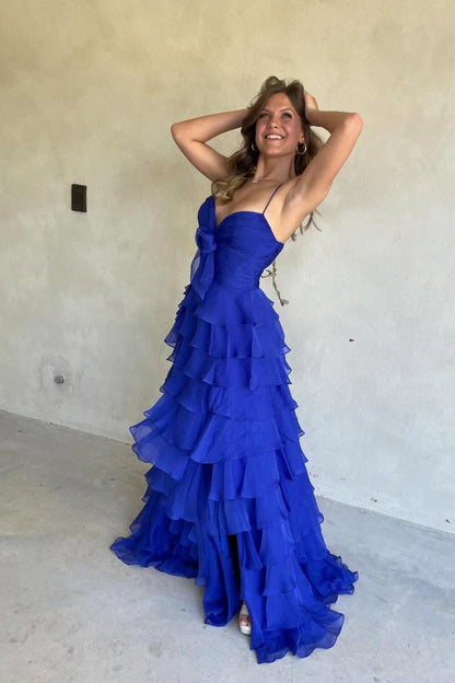 Straps Green Tiered A-line Long Dress with Bow