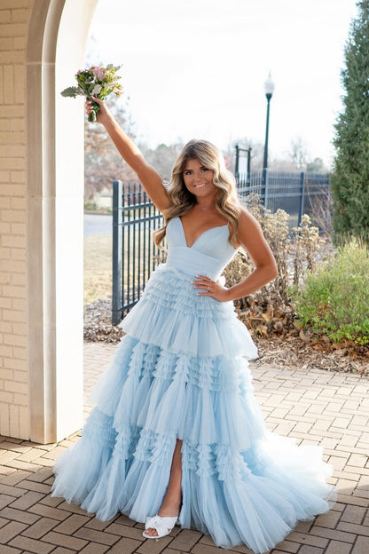 Pink Tiered Ruffle Long Ball Gown with Straps