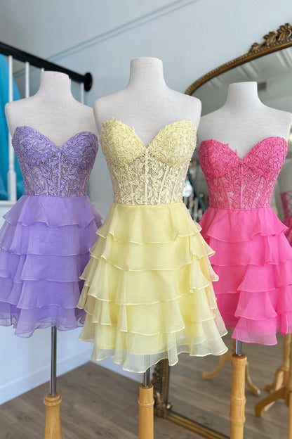 Sweetheart Hot Pink Appliques Tiered Short Dress