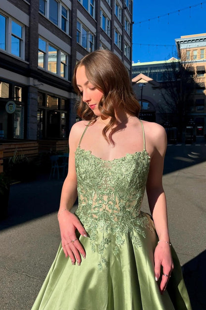 Straps Sage Green Appliques Satin A-line Formal Gown