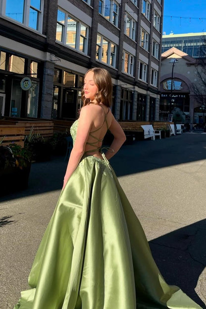 Straps Sage Green Appliques Satin A-line Formal Gown