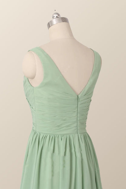 Pleated V Neck Mint Green Chiffon Bridesmaid Dress