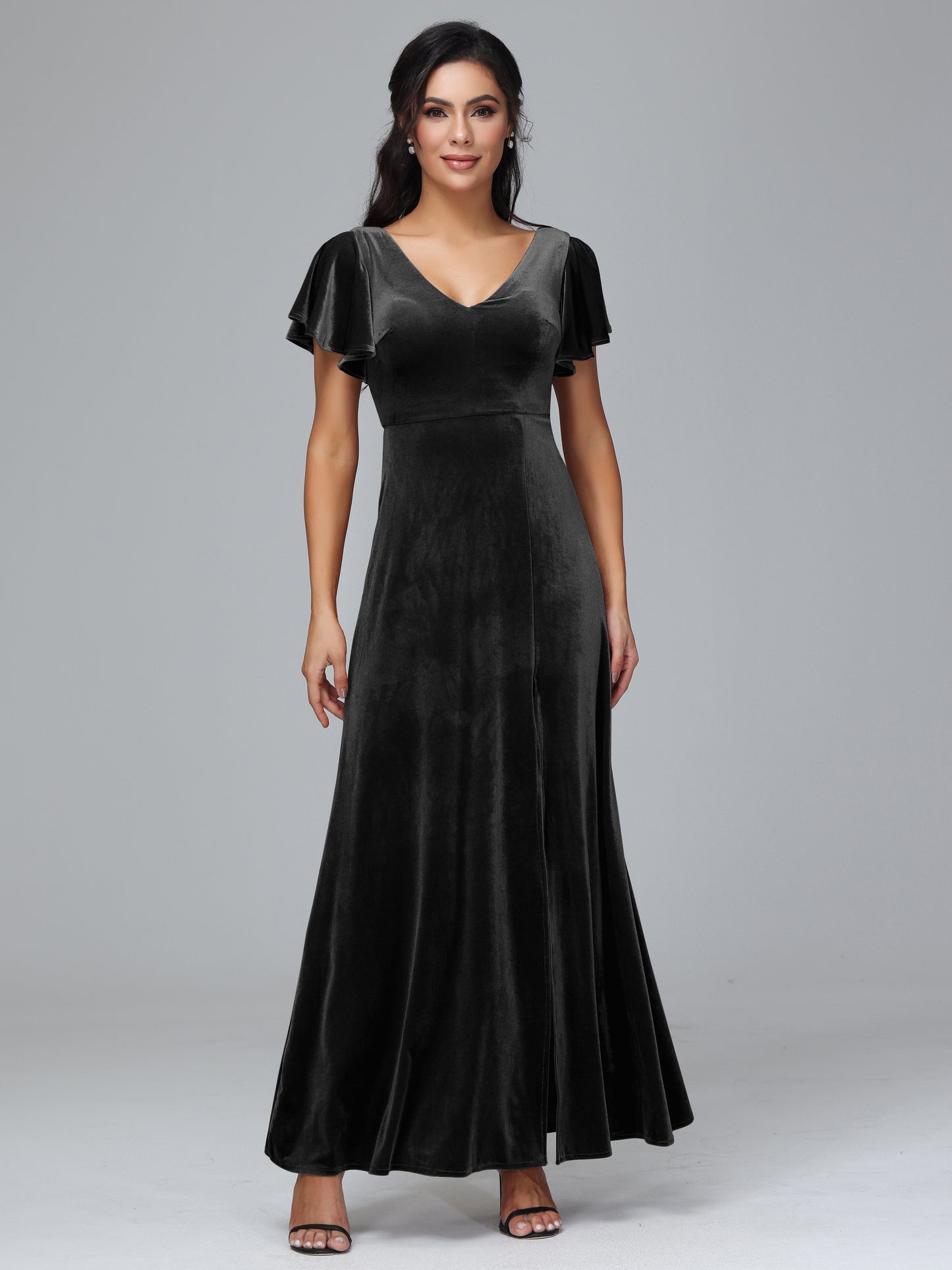 Short Sleeves Velvet Bridesmaid Dress With Slit