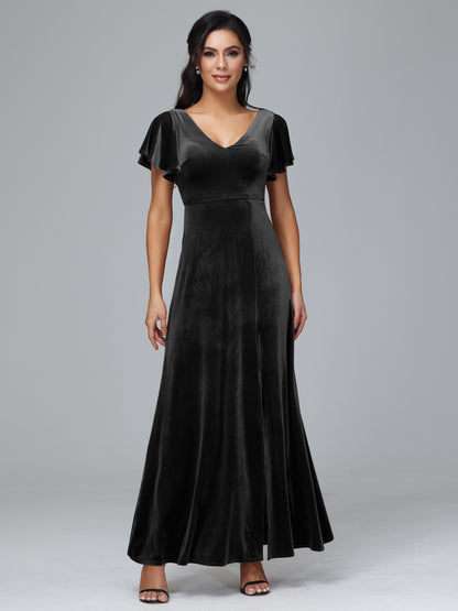 Short Sleeves Plus Size Velvet Bridesmaid Dress With Slit