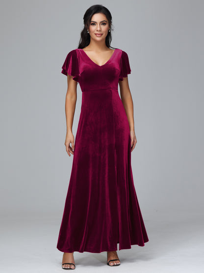 Short Sleeves Plus Size Velvet Bridesmaid Dress With Slit