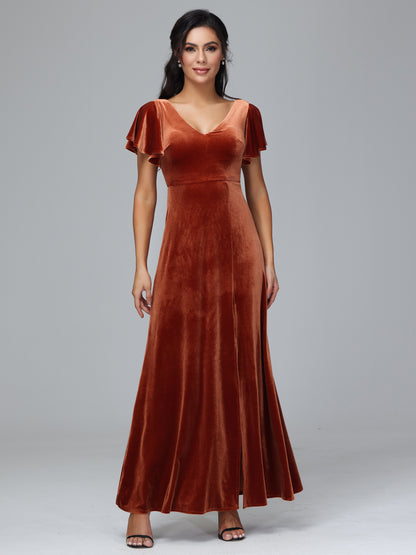 Short Sleeves Plus Size Velvet Bridesmaid Dress With Slit