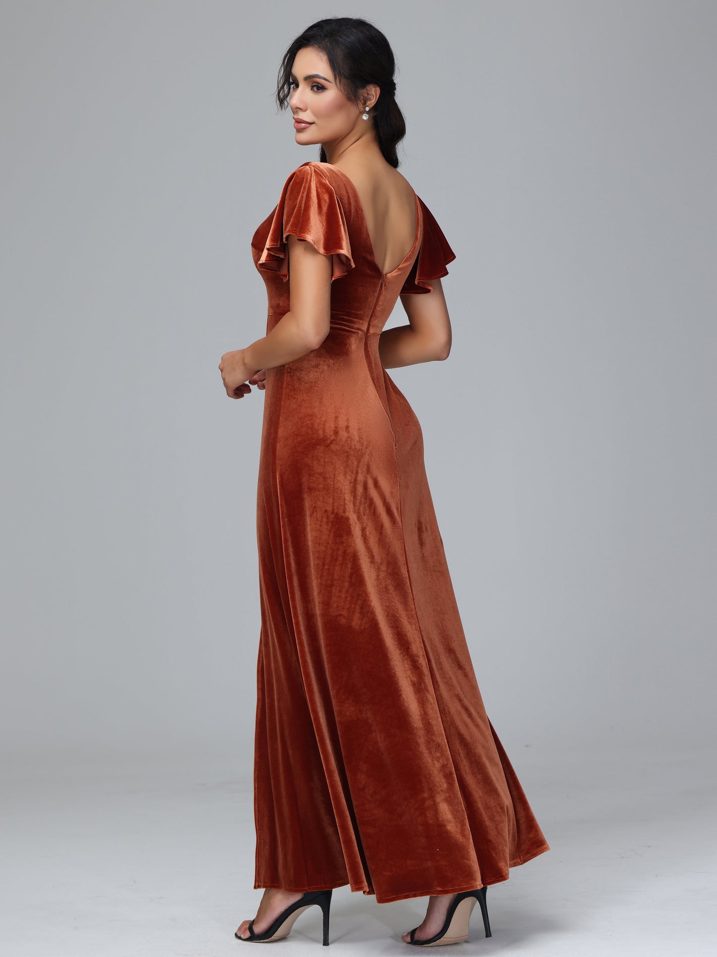 Short Sleeves Velvet Bridesmaid Dress With Slit