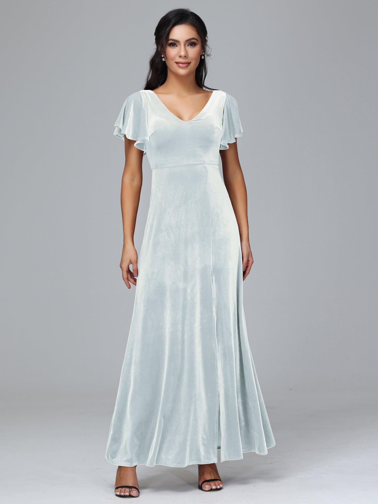 Short Sleeves Velvet Bridesmaid Dress With Slit