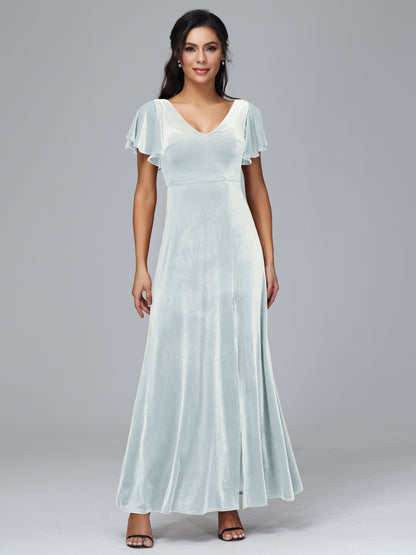 Short Sleeves Velvet Bridesmaid Dress With Slit